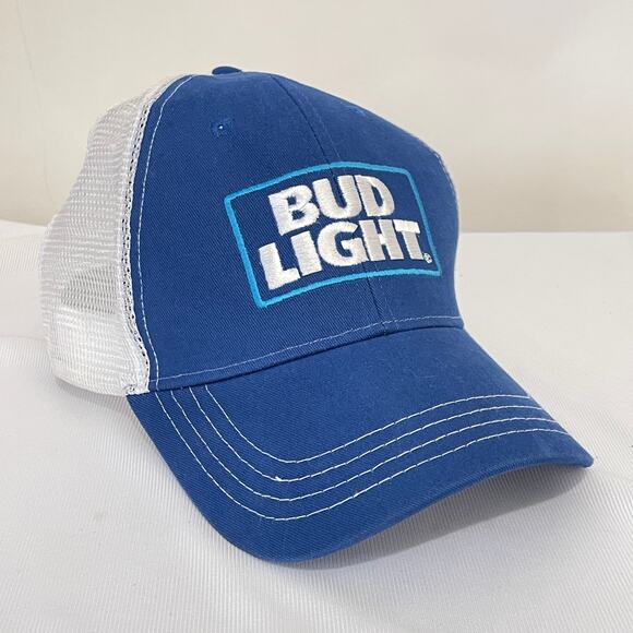 Bud Lite Beer Trucker Hat Adjustable Mesh Back Embroidered Logo Blue White Cap - Picture 1 of 9